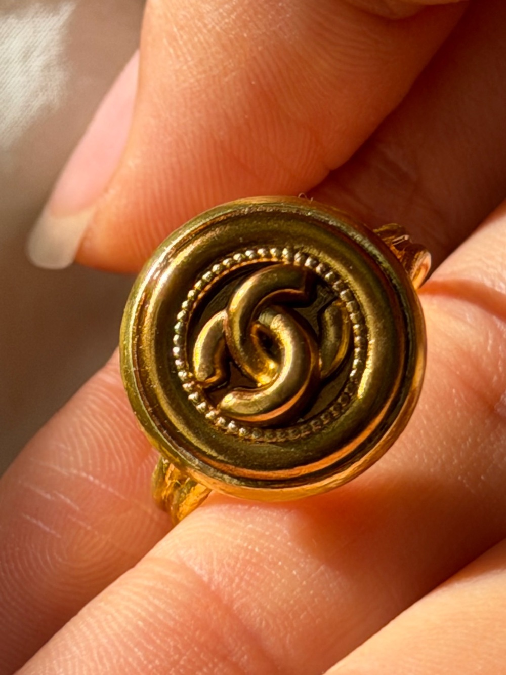 CHANEL Gold CC Round Button Ring